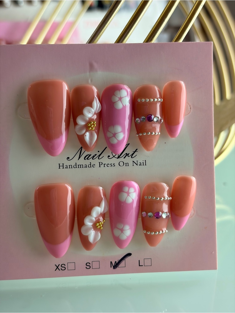 Handmade Pink & Peach Floral Press-On Nails - Nail Art Set Medium